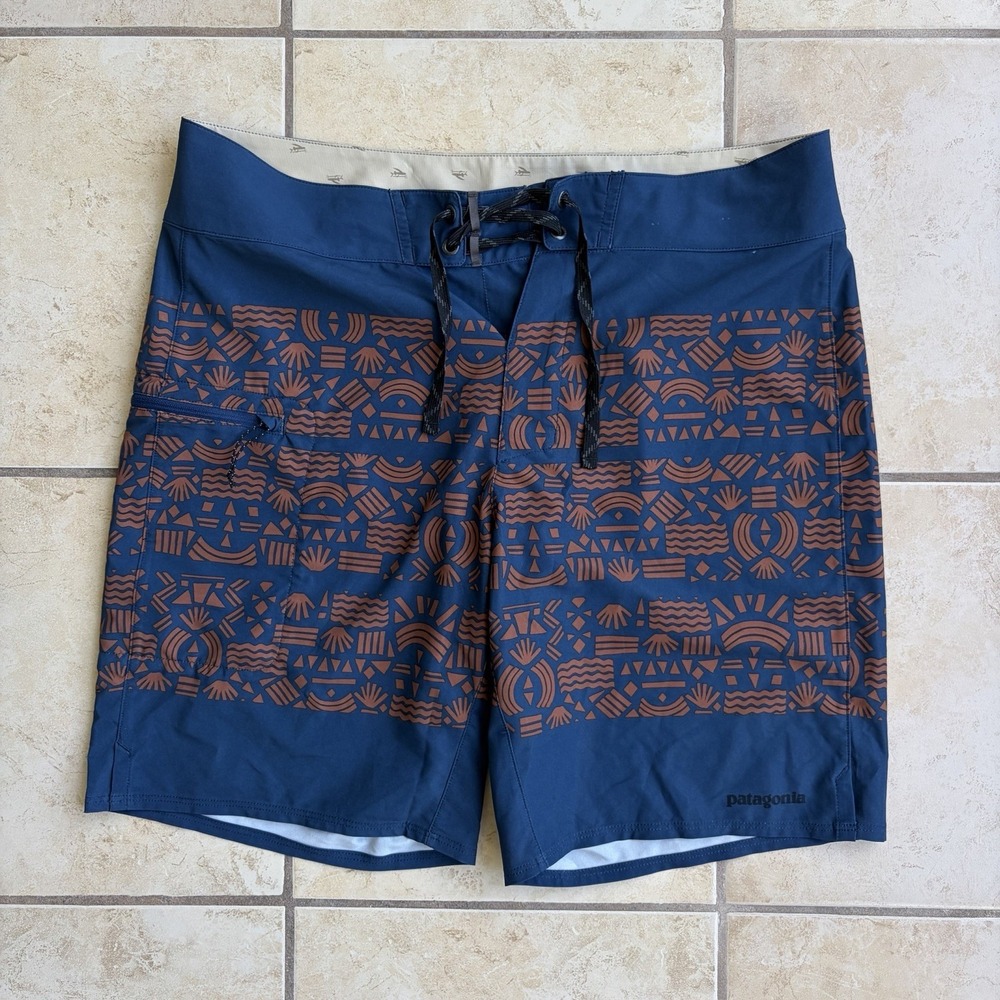 Patagonia Board Shorts Mens 33 Blue Tribal Print Stretch Planing Surf Swim Beach